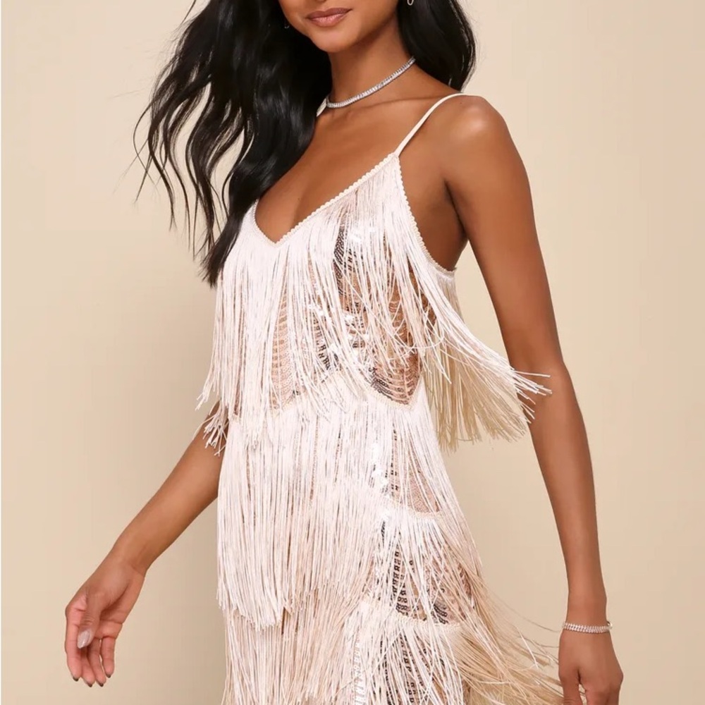 Lulus Get in the Groove Champagne Sequin Fringe Bodycon Dress